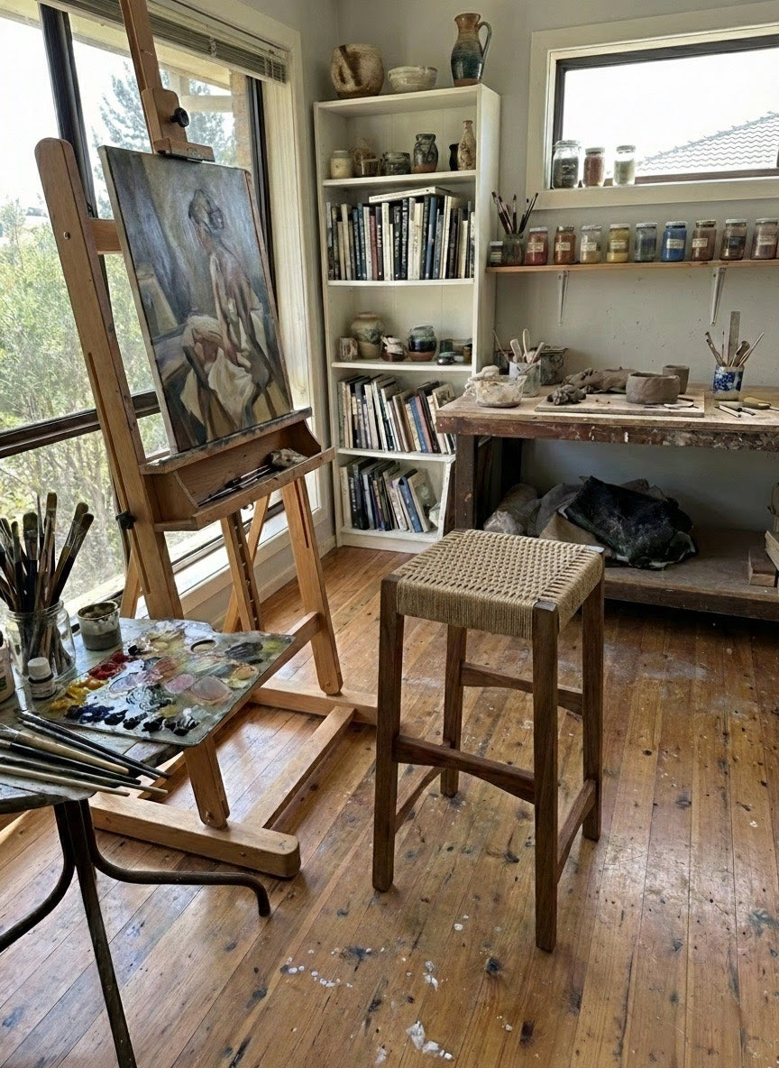 Art studio with easel, books, and painting supplies on a wooden floor.