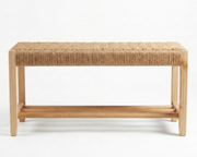 Danish cord solid wood bench with woven top on a white background