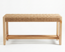Danish cord solid wood bench with woven top on a white background